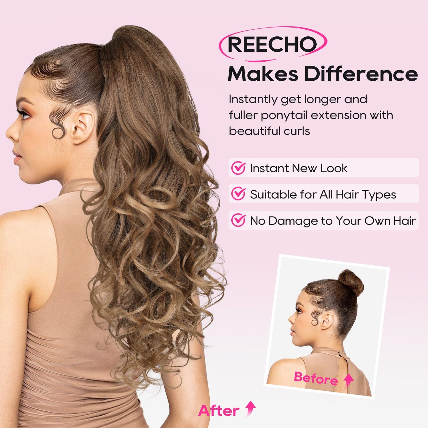 REECHO Ponytail Extension, 24" Claw Clip in Ponytail Extensions Long Curly Wavy Ponytail Hair Extension Jaw Clip on Pony Tails Hairpiece for Women - Medium Blonde with Blonde Highlights
