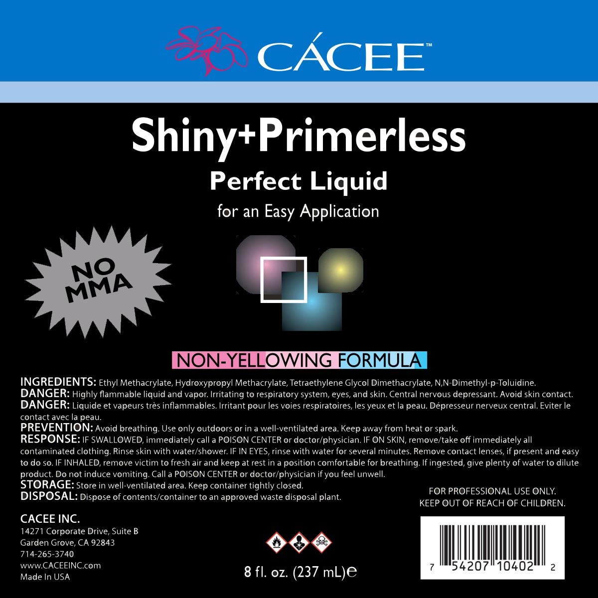 Cacee Shiny + Primerless Acrylic Nail Monomer Liquid 8 oz - Smooth, No Primer Needed, Non-Yellowing Formula, Compatible with Acrylic Nail Powder Set and Brush, Made in USA