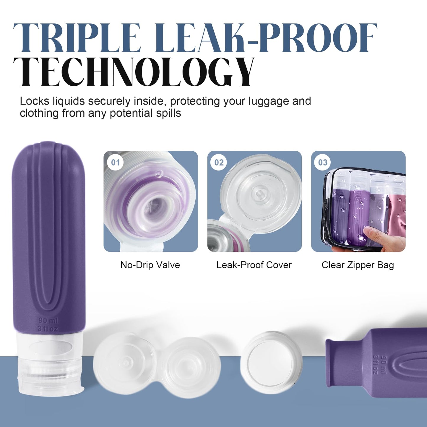 YIIMER Travel Bottles for Toiletries, 3oz TSA Approved Travel Size Toiletries, Silicone Leak-Proof Refillable Containers, Squeezable Liquid Essentials Bottles W/Clear Bag(PURPLE)