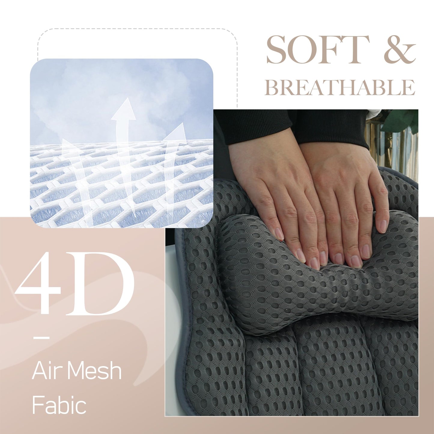 Joeyset Bath Pillow for Tub, 4D Air Mesh Breathable Fabric, Soft Supportive Bathtub Cushion for Head Neck Back, Ergonomic Spa Pillow with Strong Suction Cups, Quick-Drying, Machine Washable (Gray)