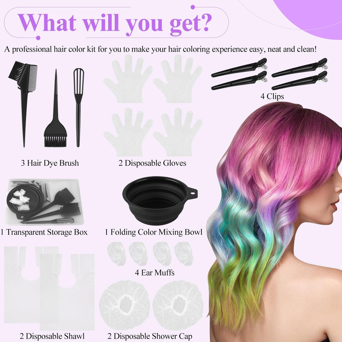 18PCS Hair Dye Kit, Hair Coloring Products with Hair Dye Brush, Collapsible Bowl, Clips, Ear Muffs, Disposable Gloves, Scarf, Shower Cap