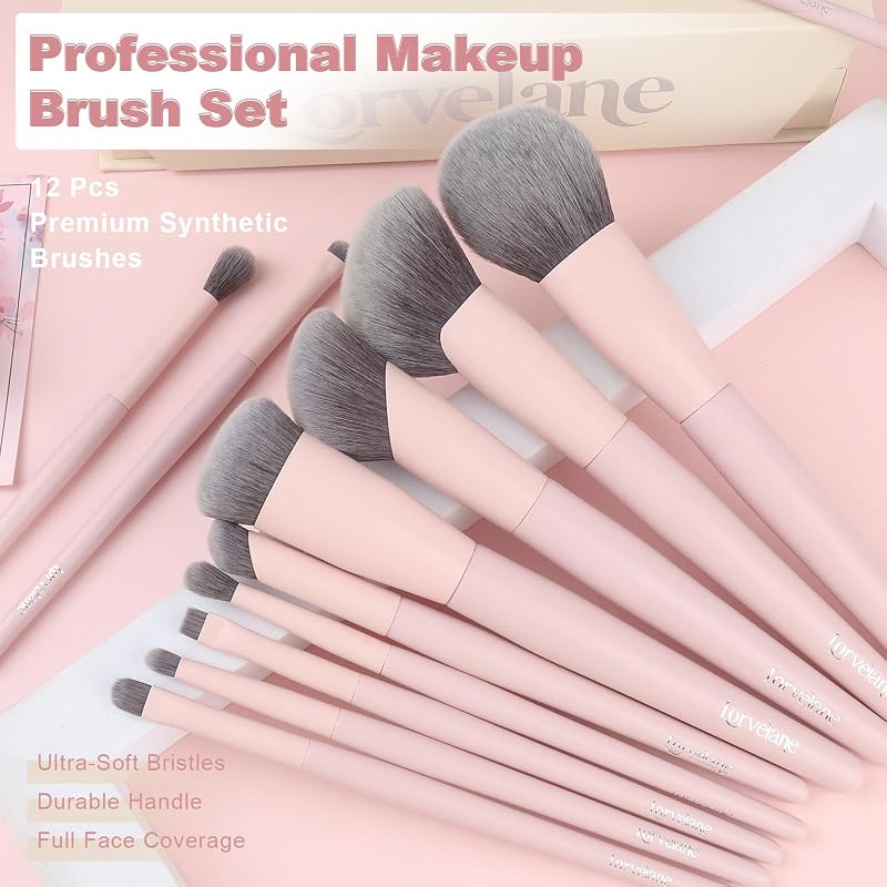Professional Makeup Brush Set 12Pcs Matte Pink with Case - Lorvelane