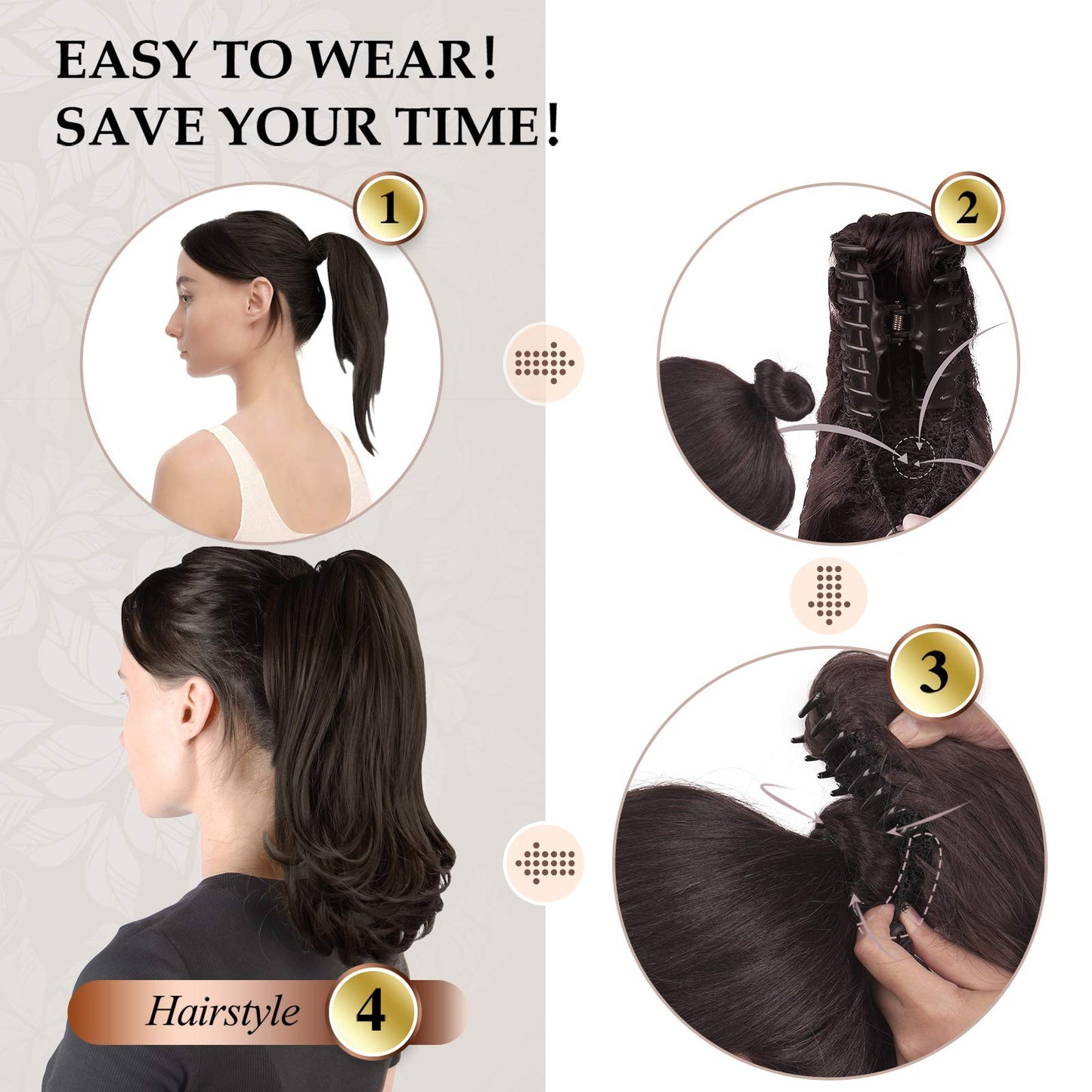 Sofeiyan 13" Ponytail Extension Long Curly Ponytail Clip in Claw Hair Extension Natural Looking Synthetic Hairpiece for Women, Dark Brown