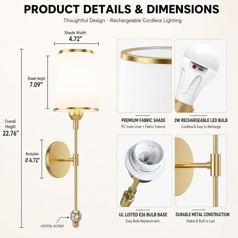 Gold Wall Sconces Set of Two - Battery Operated LED Wall Lighting (Variation: Gold)