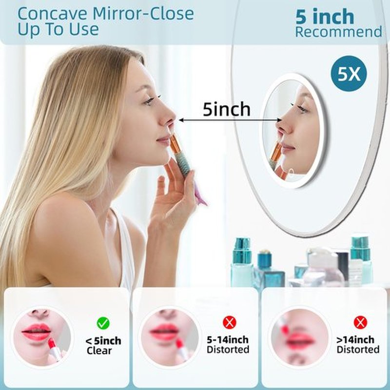 5X Magnifying Mirror with Light, Magnifying Mirror with 3 Suction Cups, Lighted Makeup Magnifying Mirror 3 Color Dimmable Travel Magnifying Mirror, Large 5X Magnified Mirror with Tweezers and Scissors