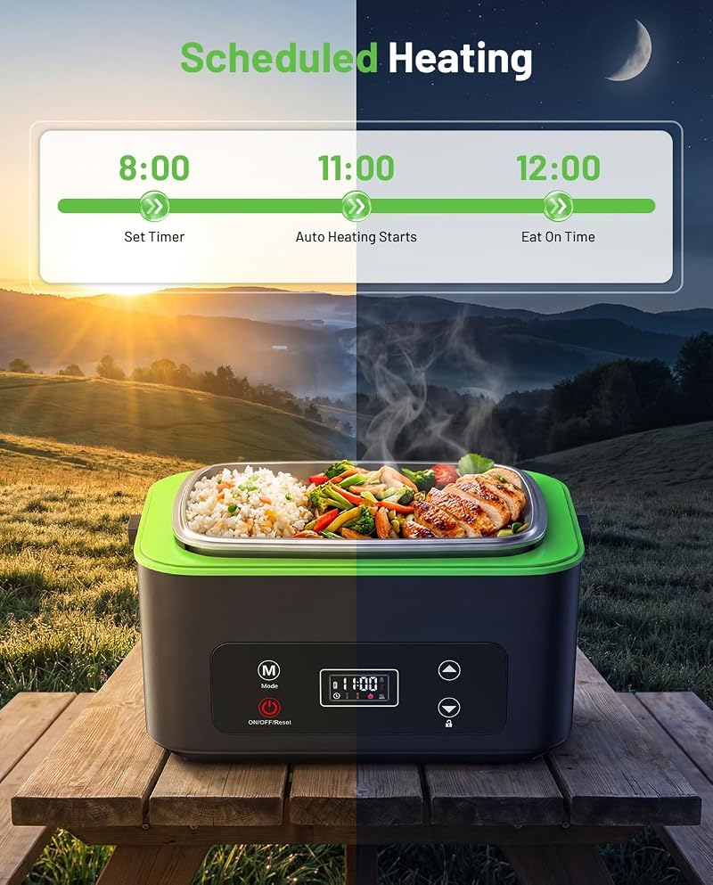 TaskStar Green 100W Cordless Heated Lunch Box with 1.2L Capacity – Scheduled Heating, Leakproof, Battery Operated