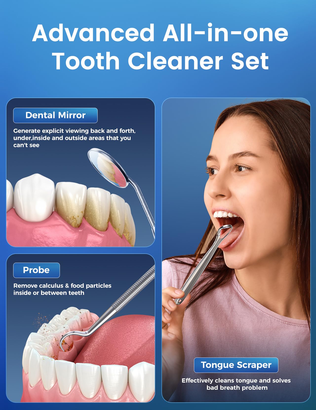 Plaque Remover for Teeth, Tartar Remover for Teeth with 3 Modes & Tongue Cleaner – Rechargeable Teeth Cleaning Kit with LED Light, Portable, Includes 2 Replacement Heads