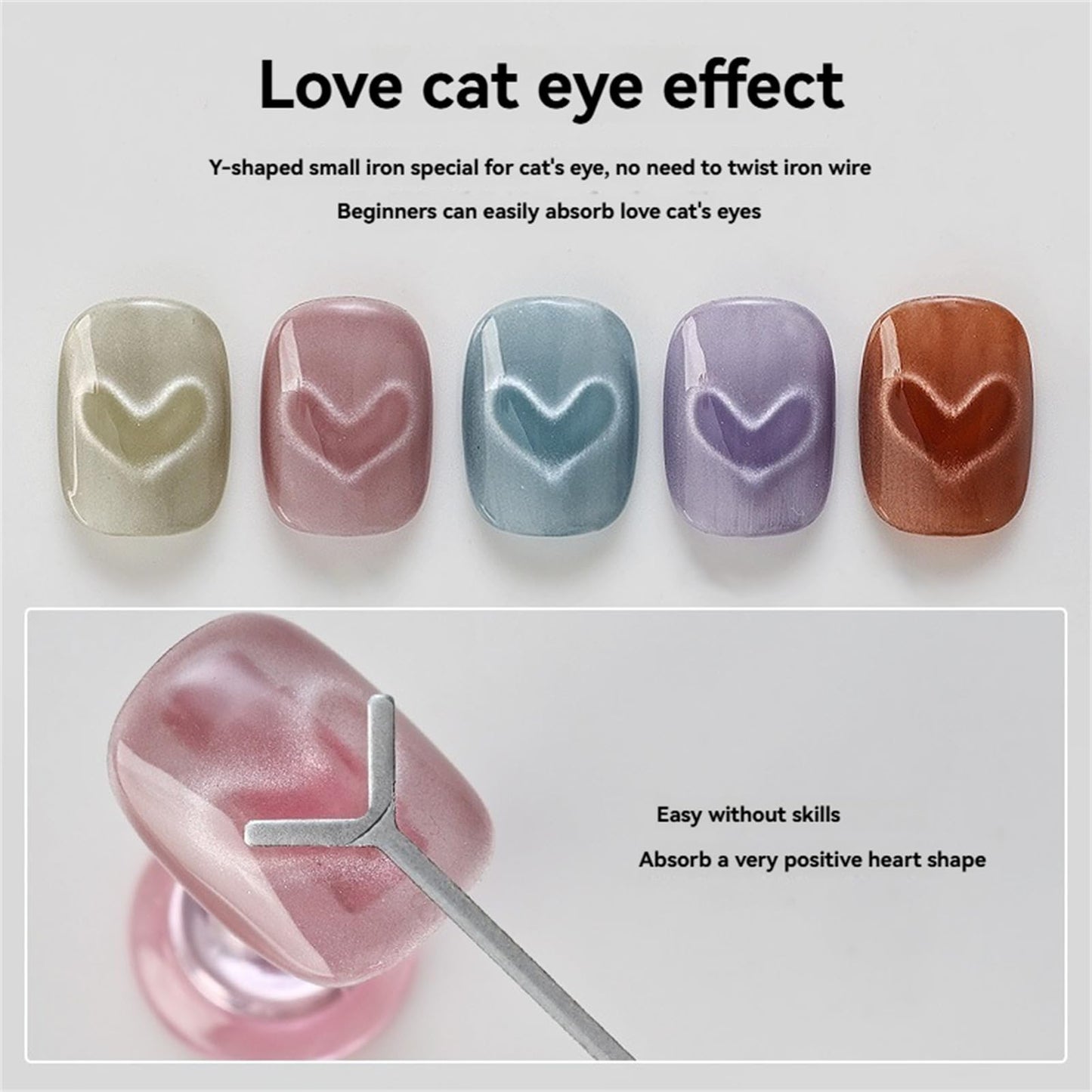 Heart Cat Eye Magnet For Nails, 5 Pack DIY Heart Cat Eye Magnet Set, Professional Nail Art Magnet Sticks with Y-Shaped Guide (10PCS)