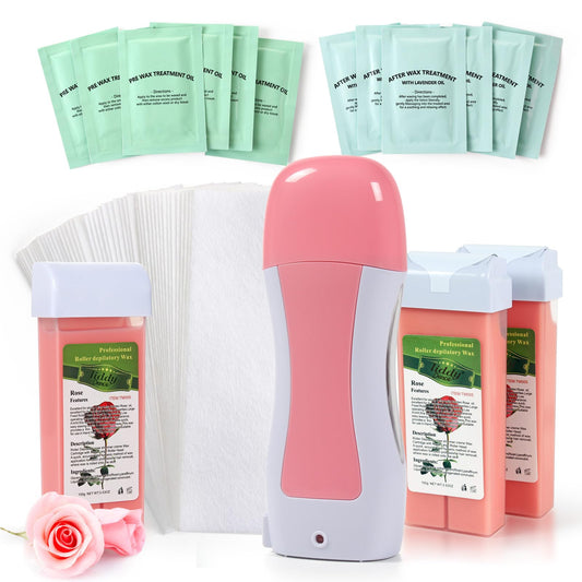 Roll on Waxing Kit for Women and Men - Sensitive Skin Wax Roller With Paper, Warmer, Rose Soft Wax, Pre and After-wax Treatment