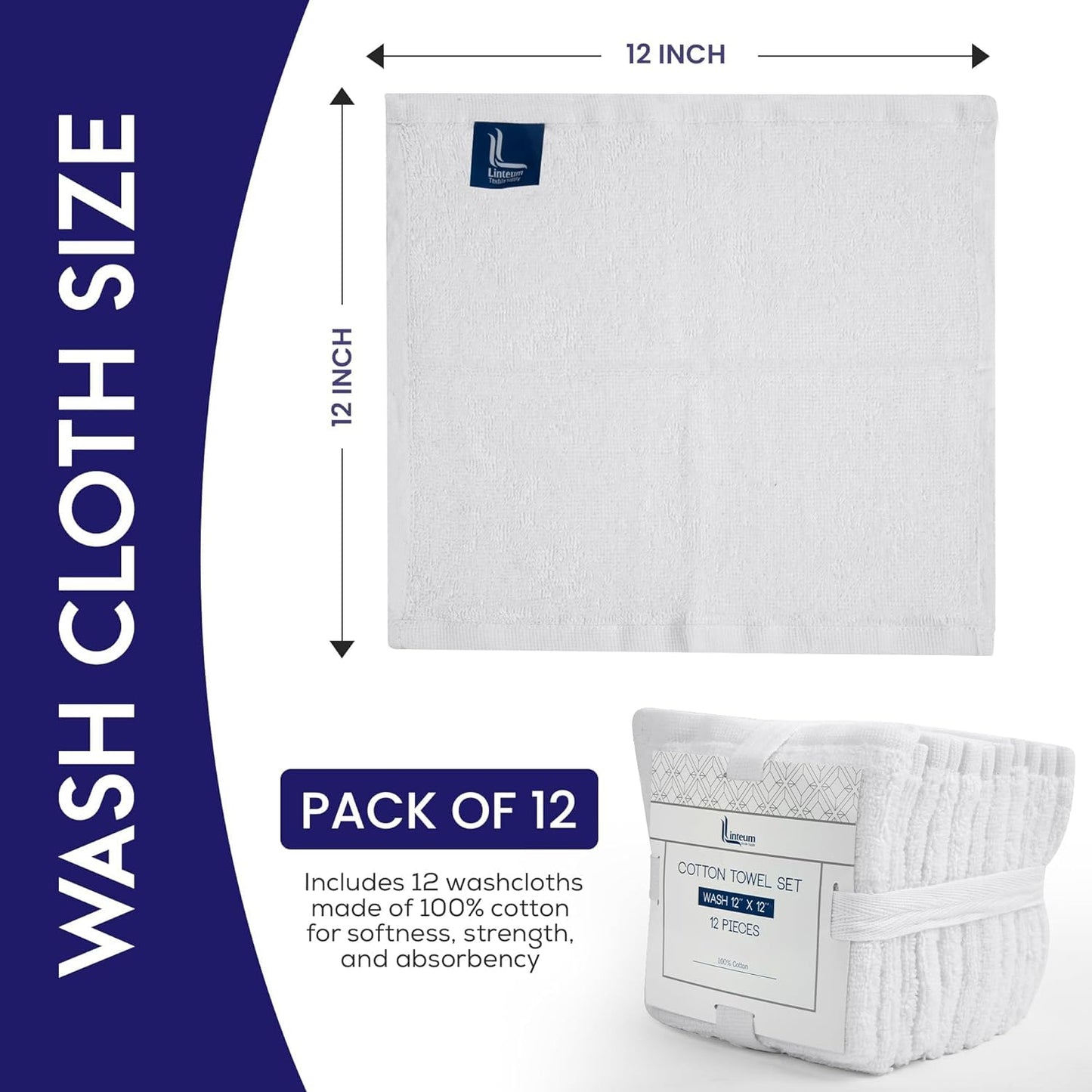 Linteum Textile Supply Premium Washcloths Set 100% Ring Spun Cotton Zero Twist Wash Cloths 12x12 Inches Absorbent Hand Towels Quick Dry Face Towels for Bathroom, Spa, Gym [Pack of 12] White