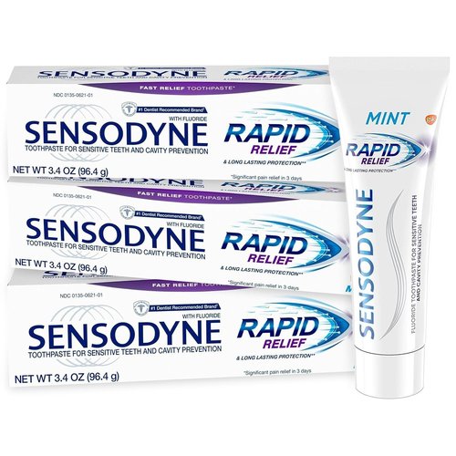 Sensodyne Rapid Relief Toothpaste for Sensitive Teeth, Mint with Fluoride, Adult Sensitive Toothpaste for Painful Teeth and Gums, Long Lasting Protection, 3.4 oz (Pack of 3)