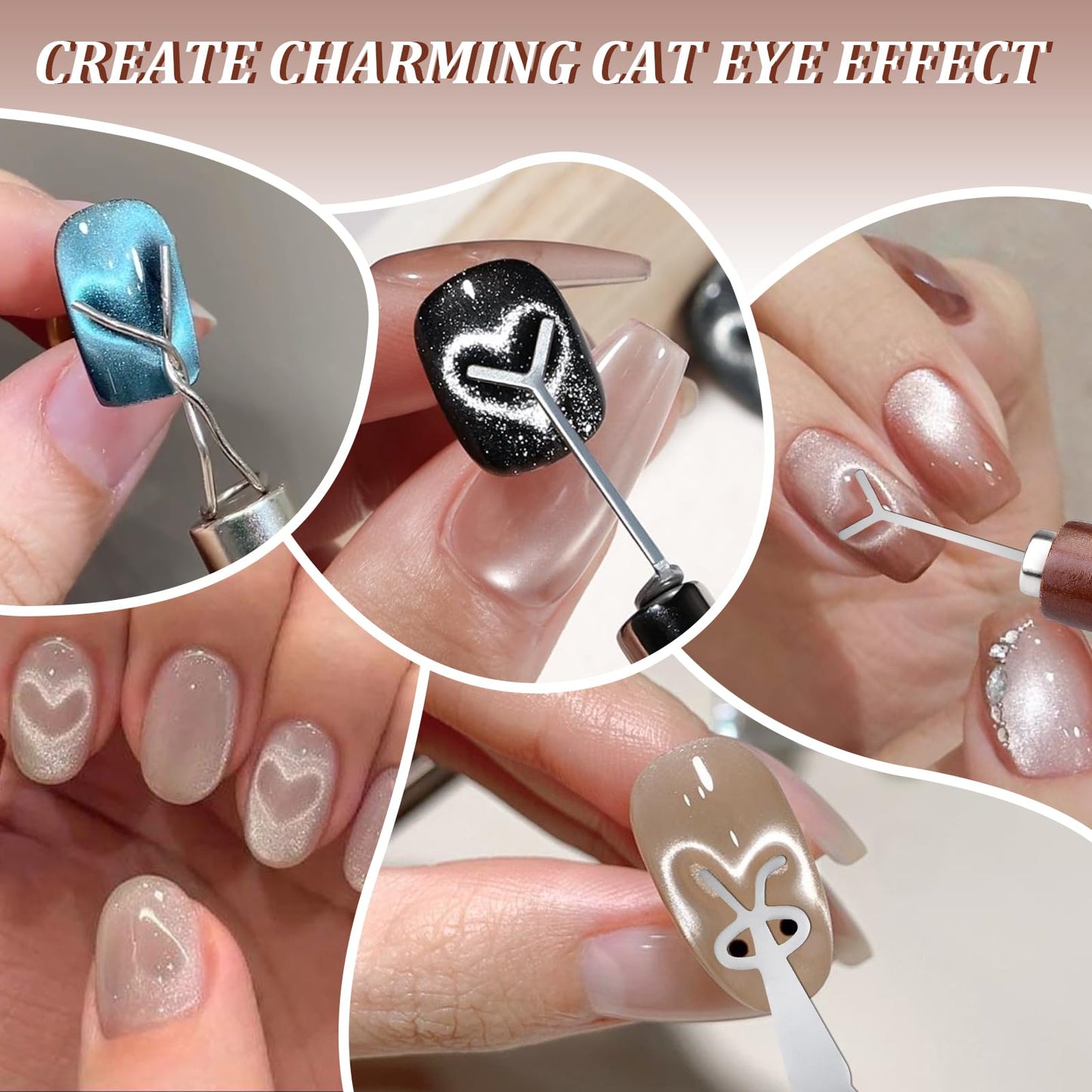 FOWSRHRG 3 in 1 Cat Eye Nail Magnet Set, Multifunctional Wooden Handle Nail Magnet, Heart Magnet for Nails, Rabbit Shape Cat Eye Magnet for Nails, Long Strip Magnets Tool for Nail Art DIY at Home