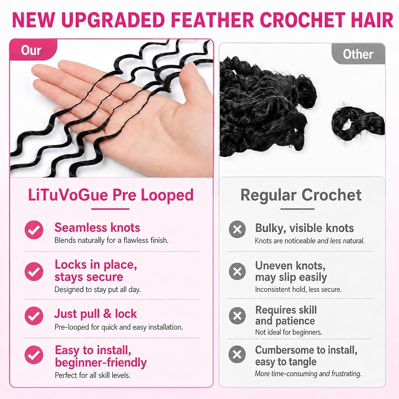 16 Inch Feather Crochet Hair for Black Women - Deep Wave Miracle Knots, 1B Natural Black, 60 Strands