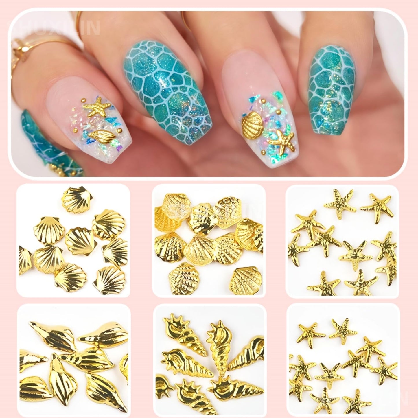 SHUXILIN 600Pcs 3D Metal Nail Charms Mixed Shapes Gold Shell Starfish Conch Alloy Nail Rivets Flat Back Gold Nail Rhinestones Metal Nail Gem Summer Beach Charm for Acrylic Nails for Women Nails Design