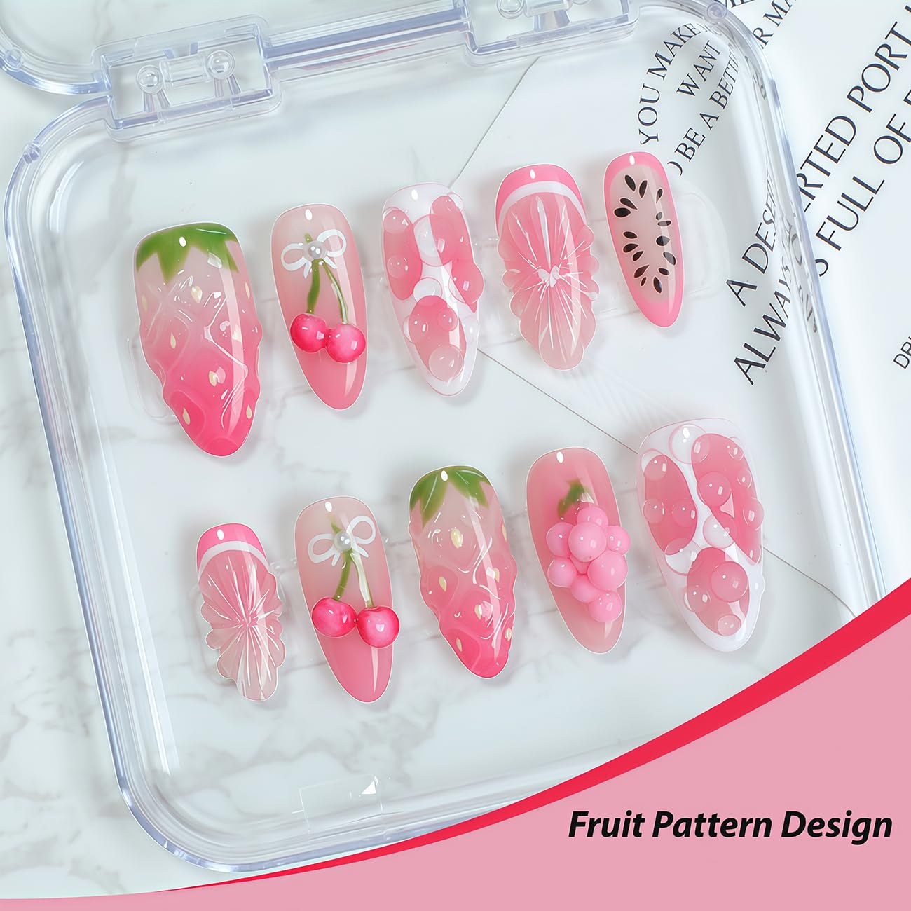 French Tip Press on Nails Almond Long Fake Nails with Strawberry Embossed Pattern Water Drop Design Acrylic Full Cover False Nails Summer Artificial Nail Women Daily Wear Nail Decoration