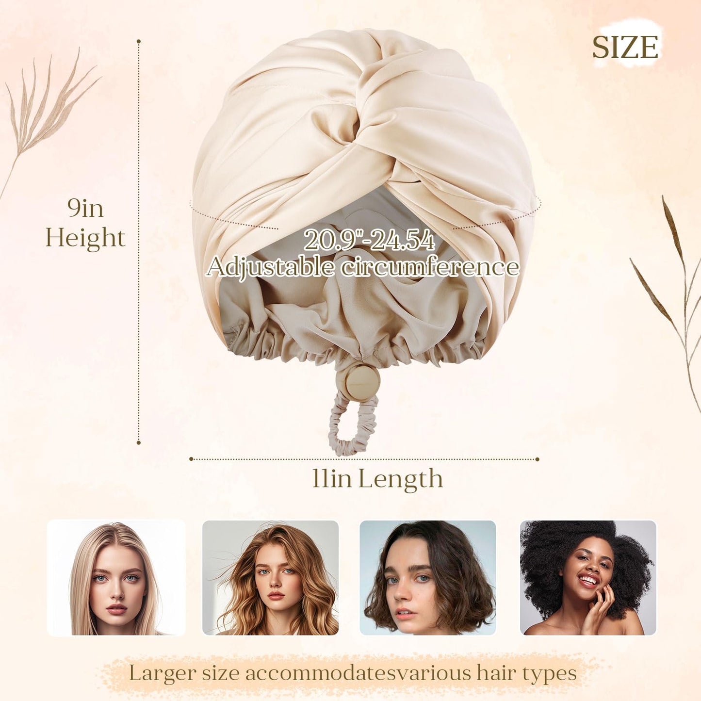 ZXYCLOPS Adjustable double-layer silk satin nightcap, suitable for wrapping hair while sleeping, for long curly hair, woven champagne color