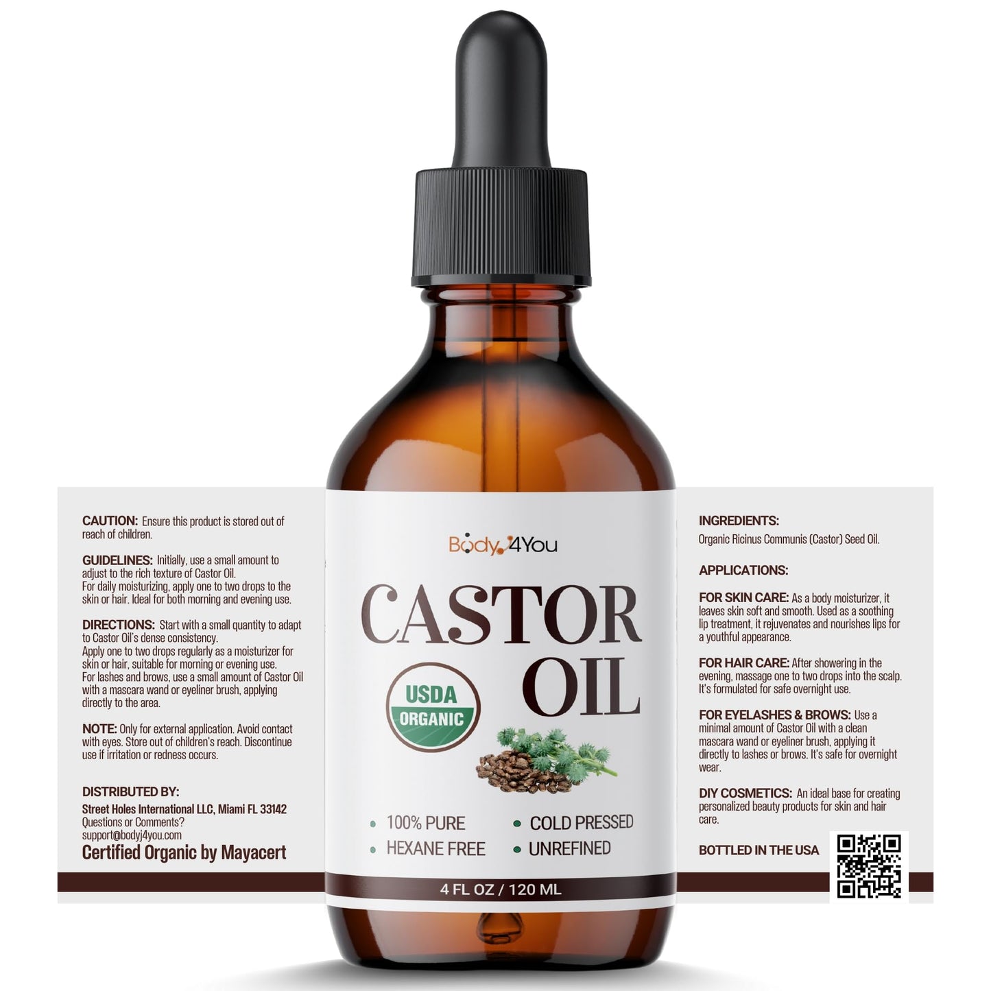 Organic Castor Oil (4oz) - 100% Pure Natural Cold-Pressed Hexane-Free USDA Certified - Glass Bottle - Hair Growth Oil for Scalp Eyelashes Face Skin - Dry Skin Moisturizer Natural Hair Care