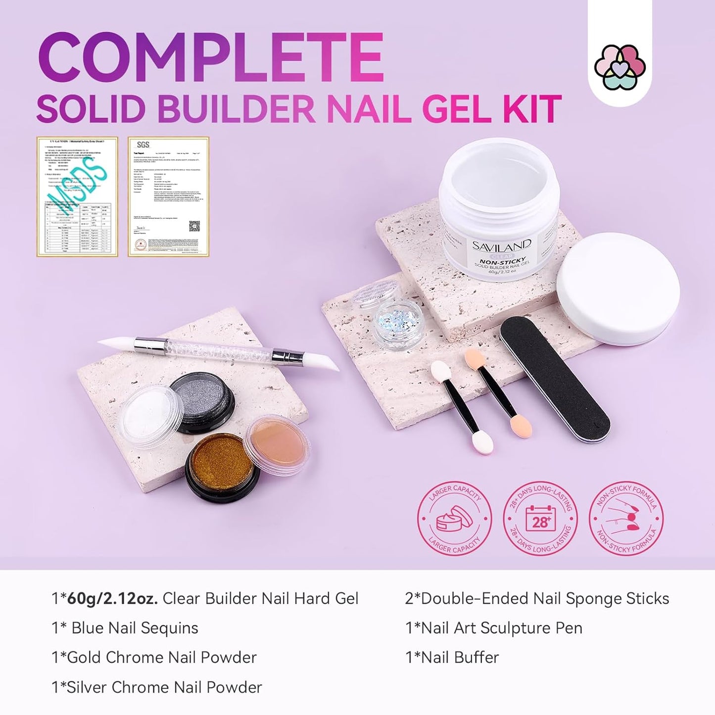 Builder Nail Gel Kit - 4 Colors (Clear, Nude, White, Pink) for Nail Extensions & 3D Sculpting - Long-Lasting Non-Sticky Hard Gel with Chrome Powder