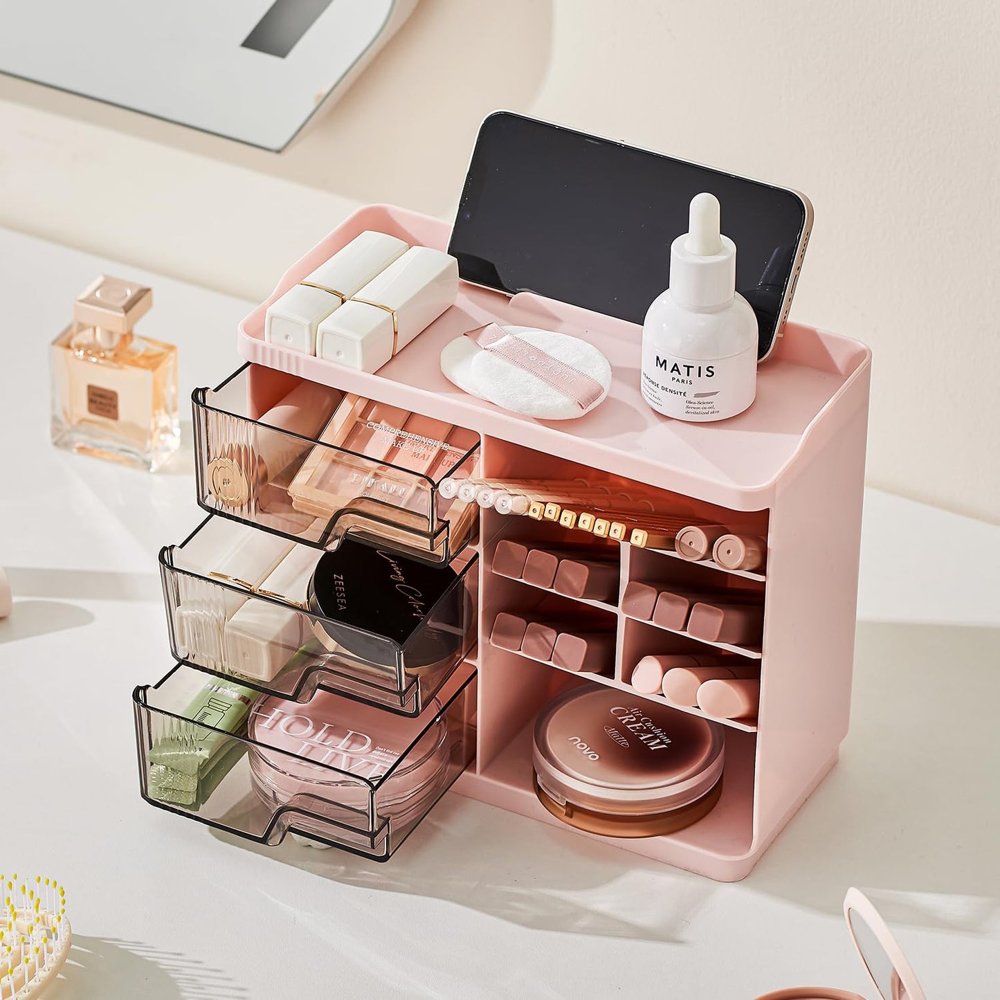UFORU Makeup Organizer Countertop with 3 Drawers, Multi-Function Desktop Vanity Organizer for Skincare Makeup Brush Lipstick, Bathroom Counter Organizer, Pink