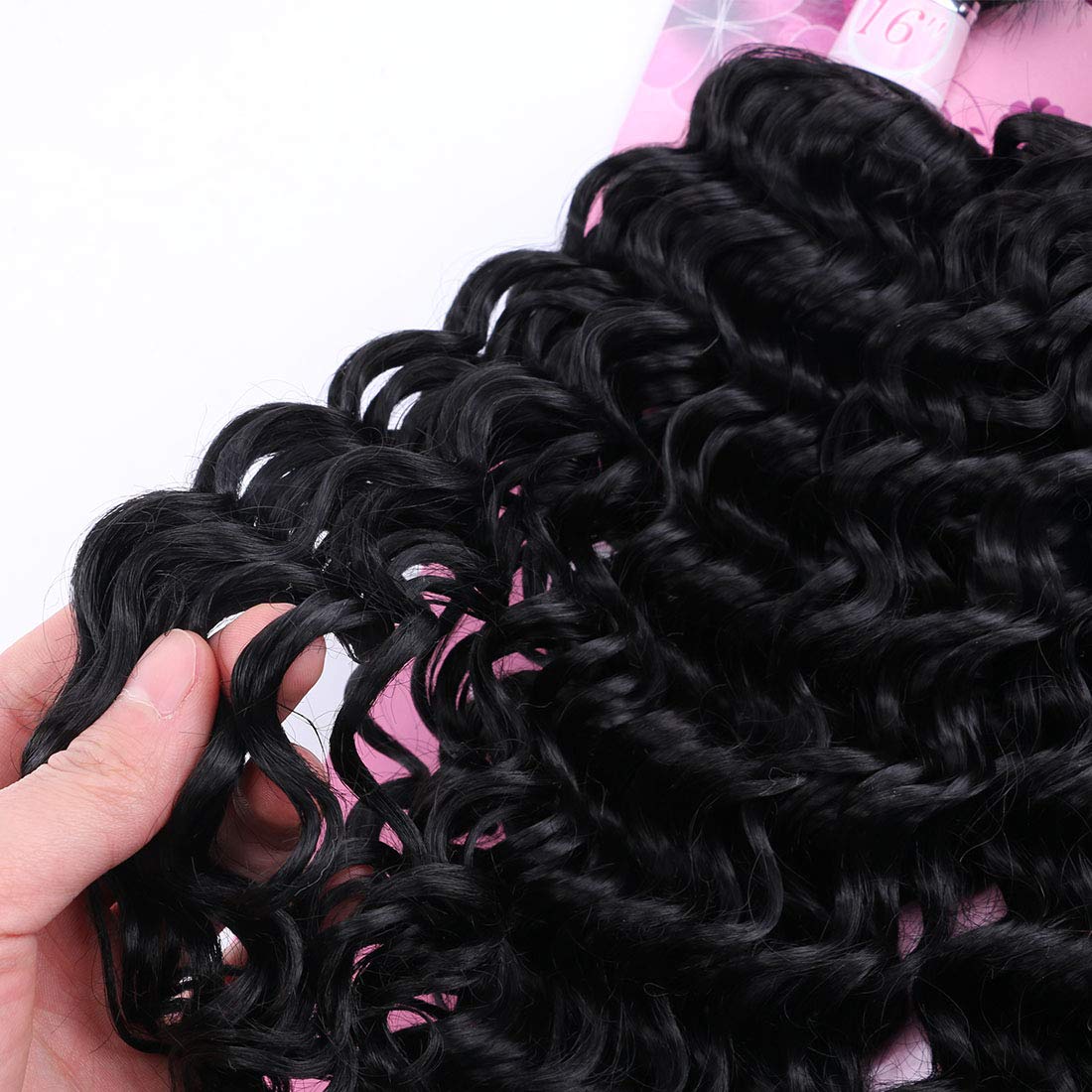 FRELYN Deep Wave Curly Synthetic Hair Weave Bundles - Black, 16-20 Inches, 4 Pack