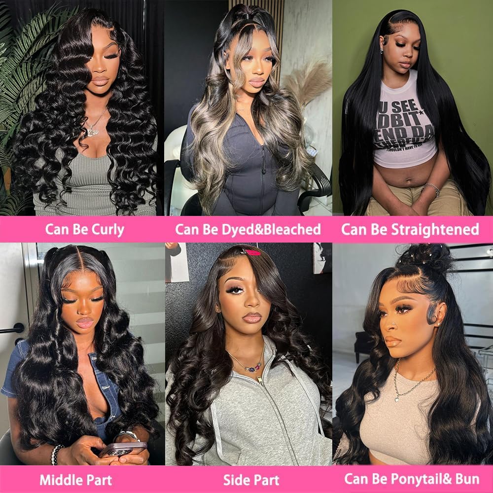 PINKEAGLE 34 Inch 13x6 Lace Front Wigs Human Hair 200% Density Body Wave HD Lace Front Wigs Human Hair Pre Plucked Glueless 13x6 Full Frontal Wig for Women Natural Black