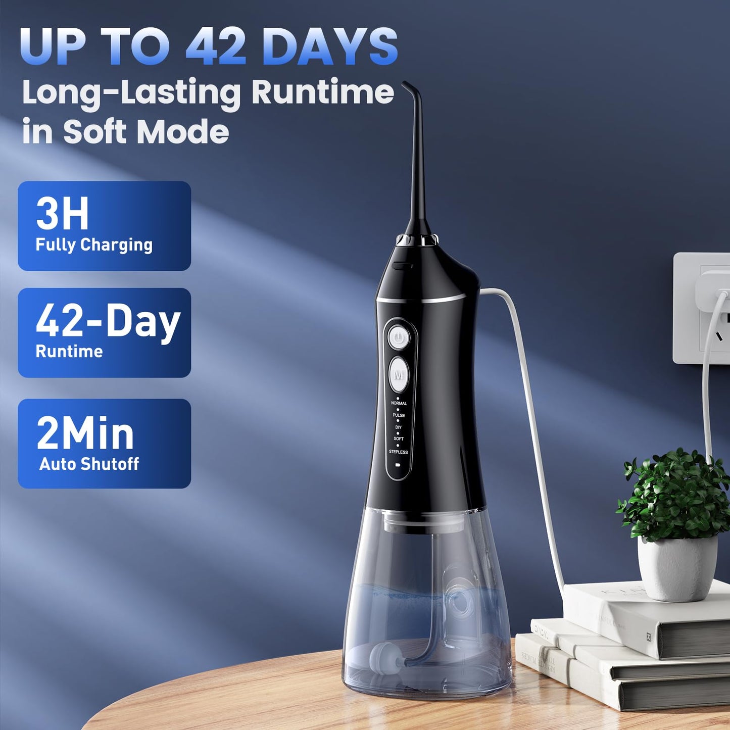 Water Flosser for Teeth Cleaning and Flossing, 5 Modes Rechargeable Cordless Oral Irrigator 320ml Water Tank Teeth Cleaner, IPX7 Waterproof Portable Electric Dentel Flossers for Home and Travel,Black