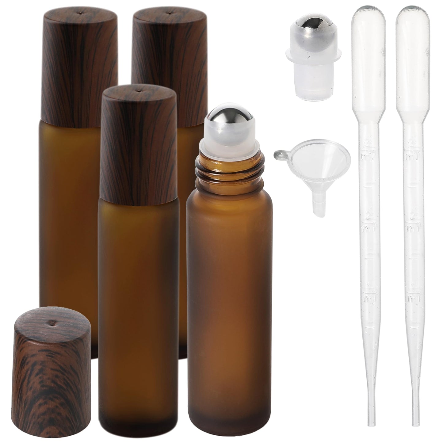 SESENSE Essential Oil Roller Bottles, 10ml Thick Glass Perfume Roller Bottles with Funnel Opener and Dropper Amber Glass Empty Bottles with Stainless Steel Roller Balls (Amber, 4 Pack)