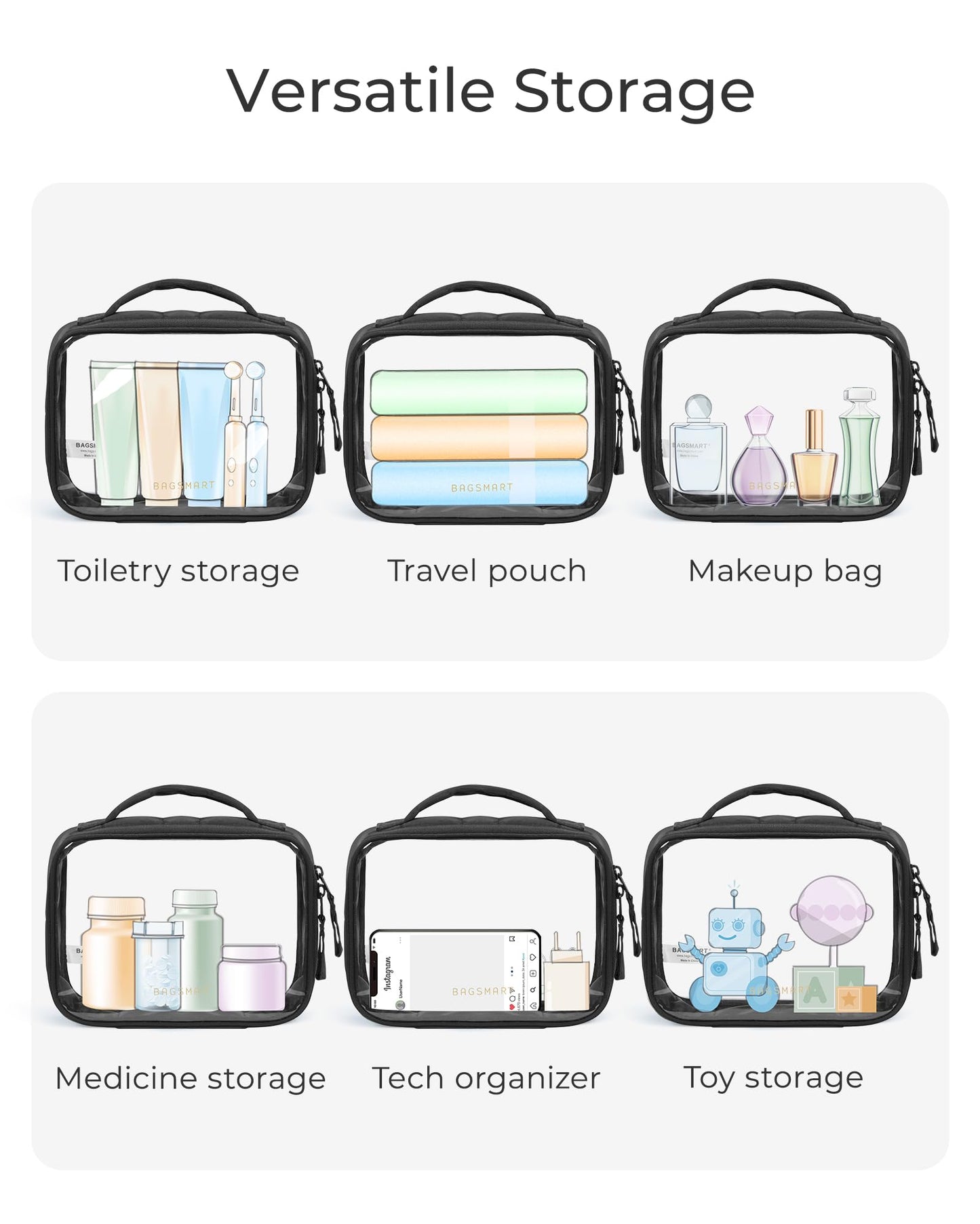 BAGSMART 2 Pack Clear Toiletry Bag, Puffy Edges TSA-Approved Travel Makeup Bag, Large Opening with Handle, Cosmetic Organizer with Double Zipper for Women