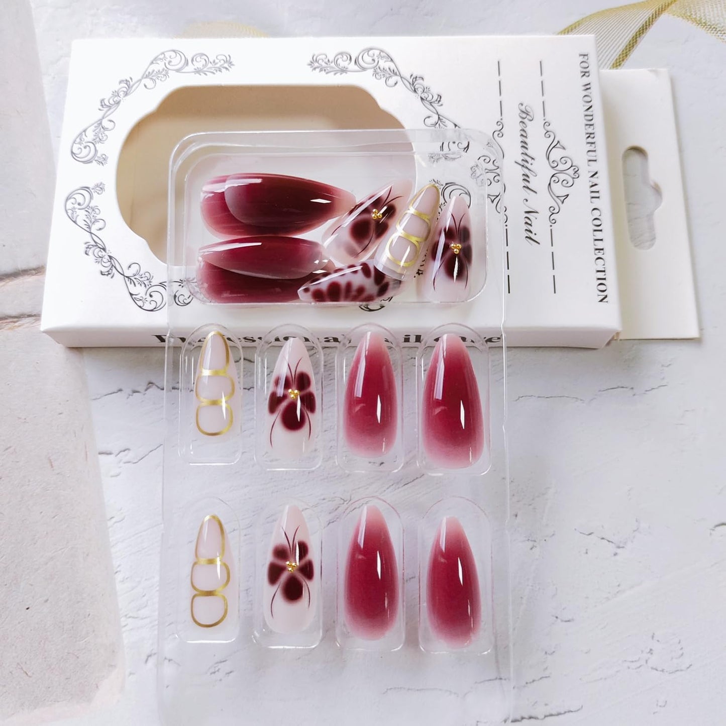 Dark Red Flower Press on Nails Short Almond Fake Nails with Floral Designs Cute Spring False Nails Glossy Gel Acrylic Nails Full Cover Glue on Nails Summer Ombre Stick on Nails for Women 24Pcs