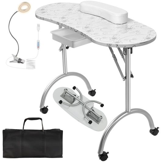 Alohappy Portable & Foldable Manicure Table Nail Desk on Wheels with Drawer, Updated USB-Plug LED Table Lamp, Client Wrist Pad, Carry Bag for Home Spa Beauty Salon Workstation(White 30" H)