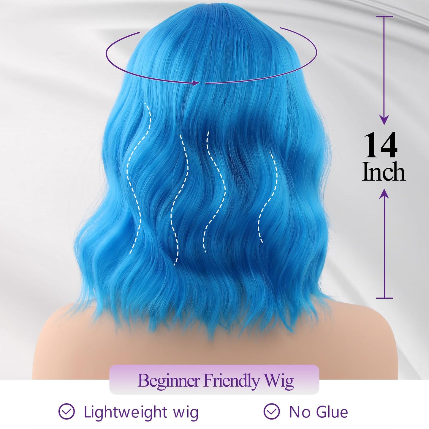 HWHRGL Light Blue Wigs with Bangs for Women 14 Inch Short Wavy Bob Wigs With Bangs Synthetic Bob Wig Curly Wig Heat Resistant Colorful Wavy Wig for Cosplay Daily Party Use Halloween Wigs