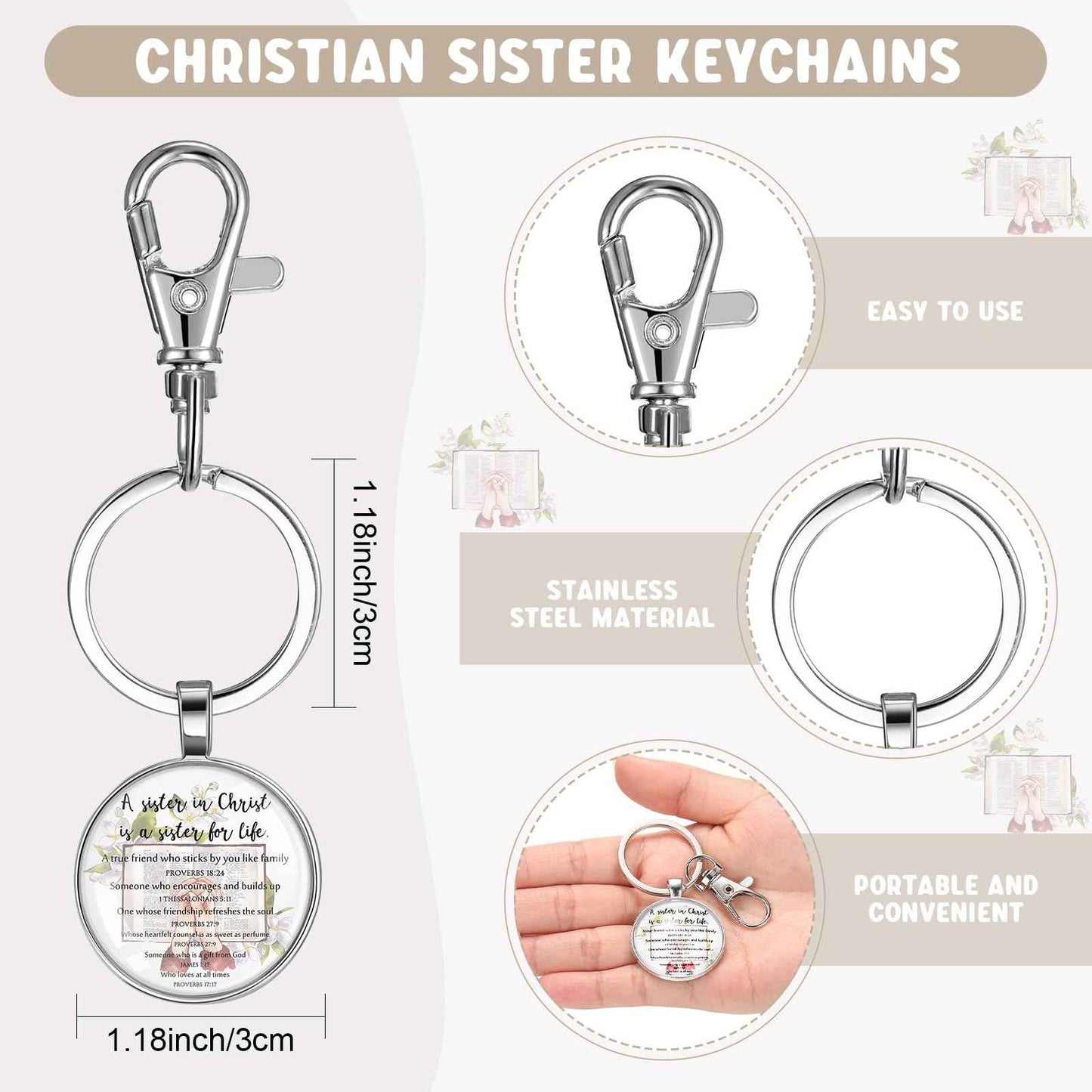 Dansydaisy 16 Pcs Christian Church Sister in Christ Makeup Bag Bible Verse Keychains for Women Birthday Friendship Gift