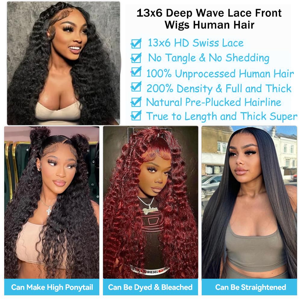 Jukabe 13x6 Deep Wave Lace Front Wigs Human Hair Pre Plucked 200 Density HD Transparent Lace Frontal Wigs Human Hair for Women Glueless Wigs Human Hair with Baby Hair 26 Inch