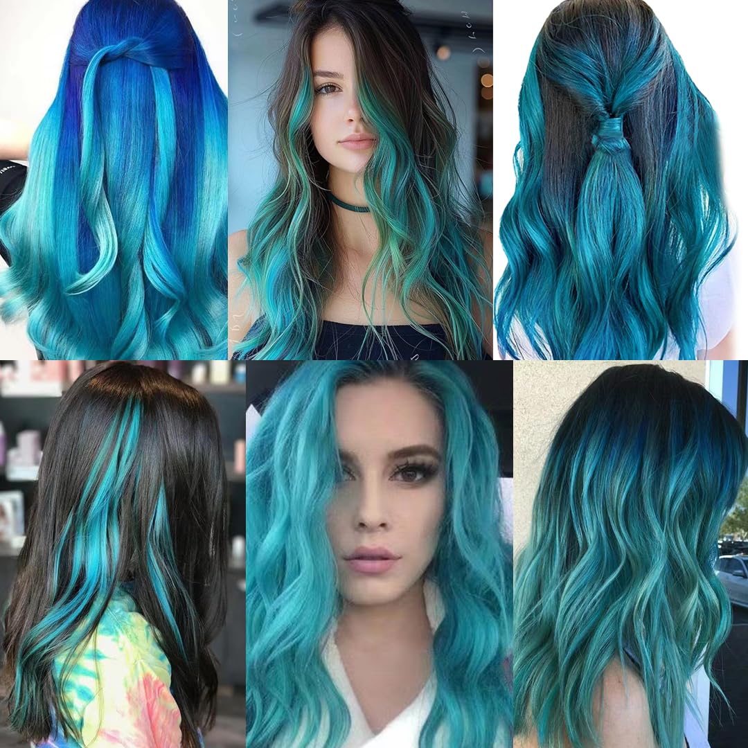RINBOOOL Colored Hair Extensions Clip In for Kids Girls Women, Teal Blue 10 Pieces Rainbow Color, 22 Inch Long Straight Highlights Party, Synthetic