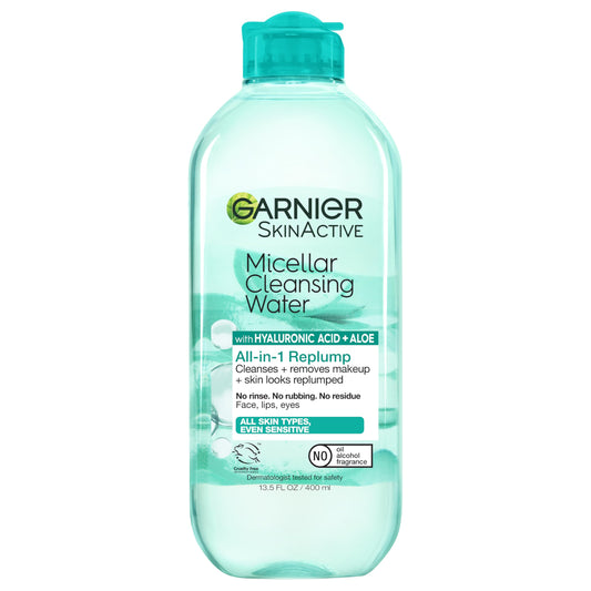Garnier Micellar Water with Hyaluronic Acid, Facial Cleanser & Makeup Remover, Hydrating and Plumping, For All Skin Types, Vegan, Cruelty Free, 13.5 Fl Oz (400mL), 1 Count