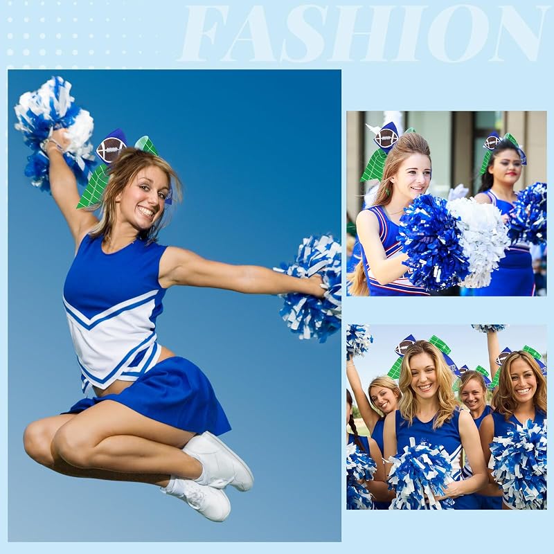 Blue Football Cheer Hair Bows 7" x20 Glitter Cheerleading Bows Variation: Blue