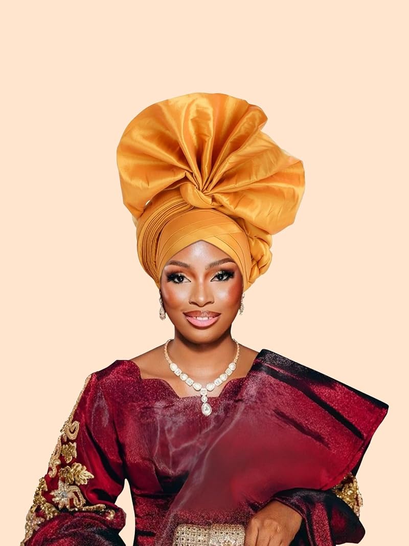 African Auto Gele Head Wrap Turban Cap for Weddings - 100% Raw Silk, Burgundy
