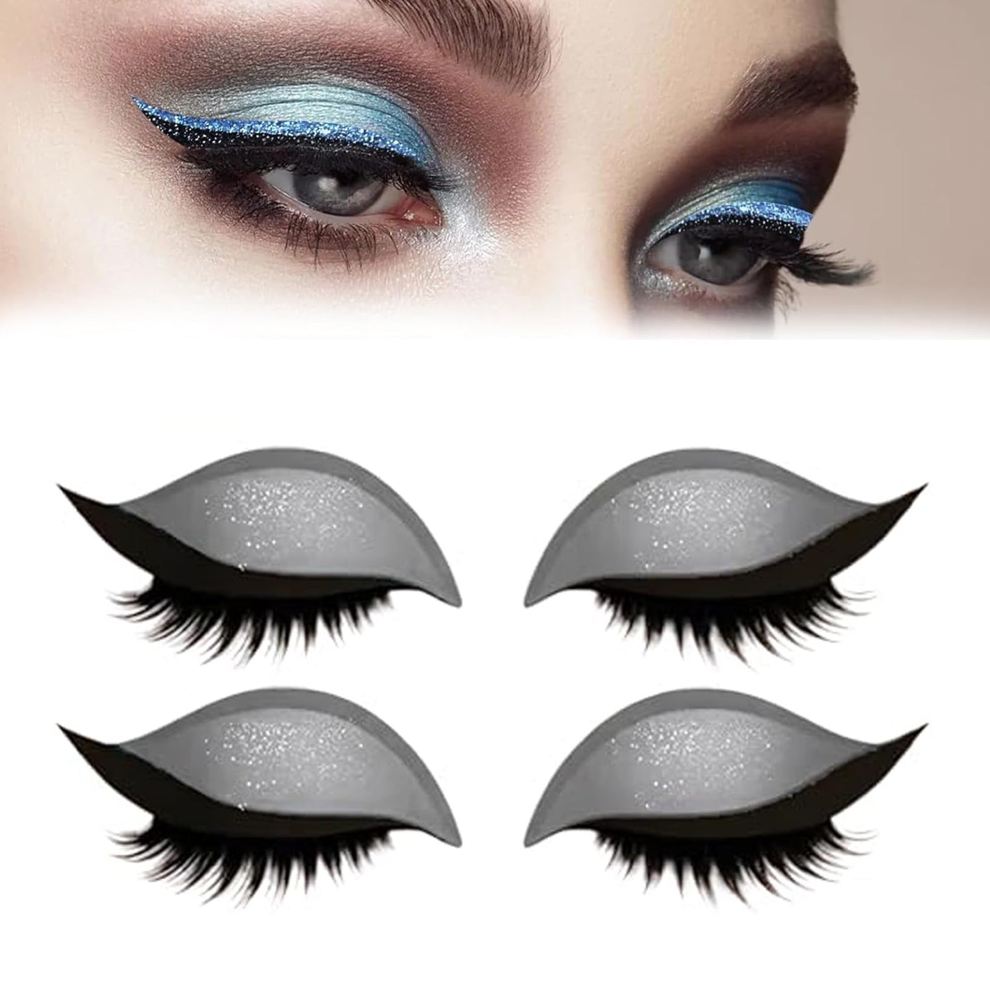 Lazy Eyeshadow Eyelash Patch, Lazy Eyeshadow, 4 Pairs Reusable Adhesive Eyelashes, Natural & Waterproof Eyeshadow Eyelashes Makeup Stickers, Quick Makeup (Silver B)