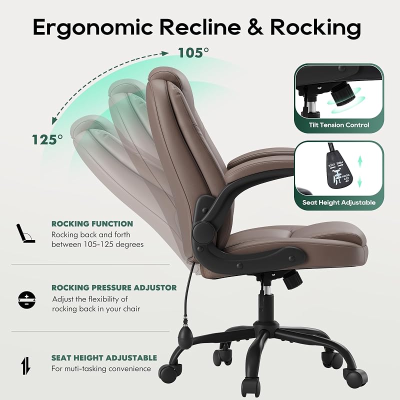MALOL Leather Office Chair with Flip-Up Arms, Brown – Variation: Brown+Set of 1