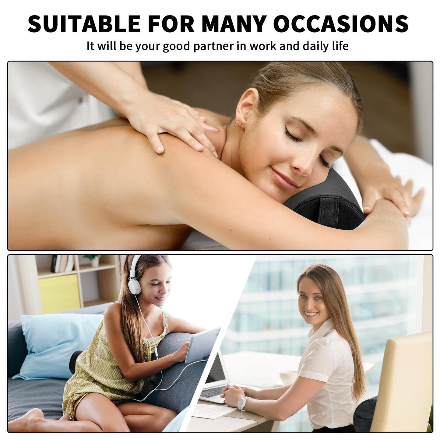 Ripeng 4 Pcs Half Round Massage Table Bolster Pillow Pad Semi-Round Massage Pillow Cushion with Strap Handle Black Durable Professional Bolster Support Pad for Leg, Knee, Neck, Back, Spa