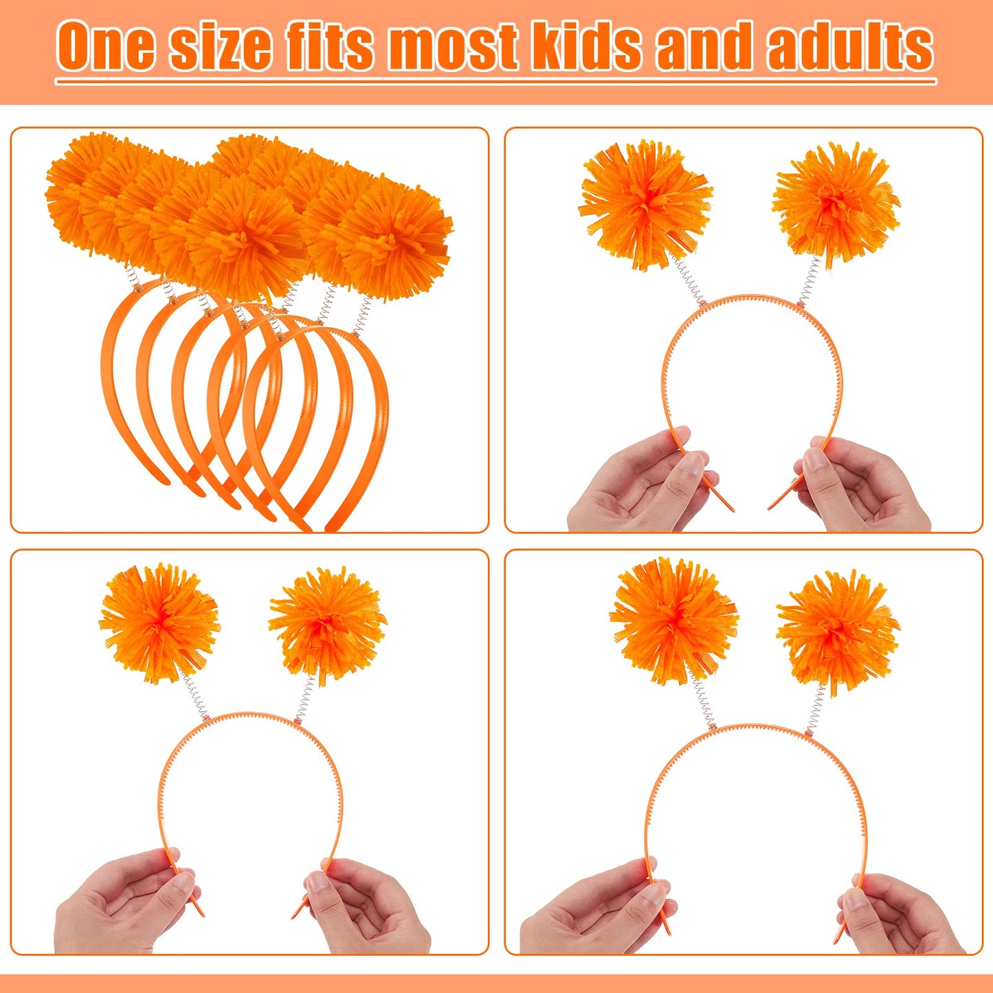 Tigeen Headband Head Bopper with Pom Pom, 12 Pcs Orange, for Women Adults Accessories, Birthday Party Headwear
