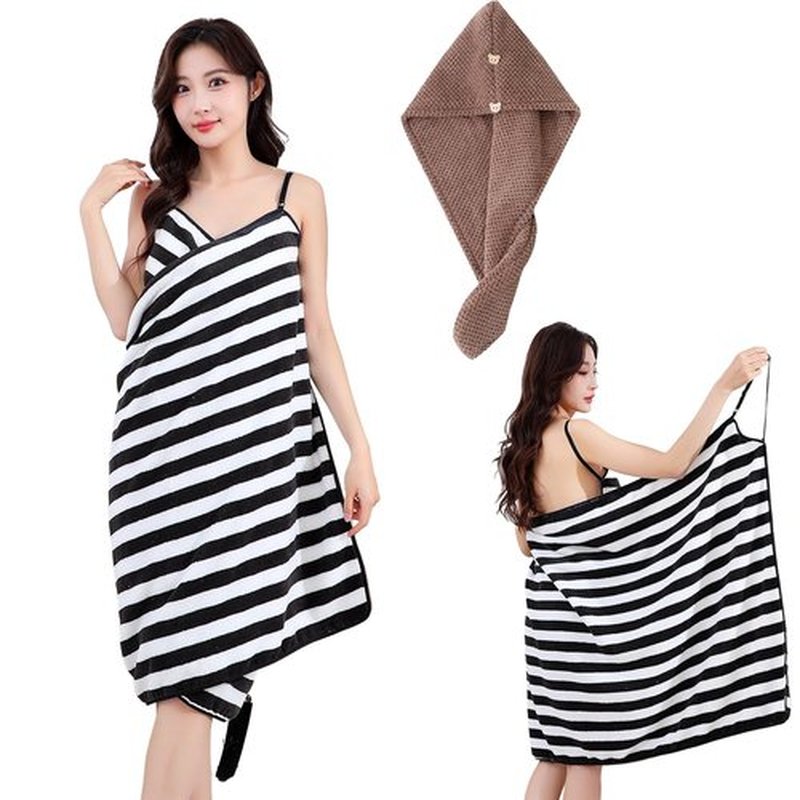GlowWrap Towel with Straps, Chic Cache Glow Wrap Towel, Wearable Towels Dress Absorbent Bath Robe, Stays Secure No Slipping (Black Stripes,X Large)