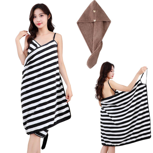 GlowWrap Towel with Straps, Chic Cache Glow Wrap Towel, Wearable Towels Dress Absorbent Bath Robe, Stays Secure No Slipping (Black Stripes,X Large)
