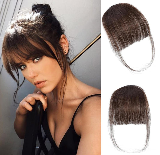 ORIGEN Clip in Bangs Real Human Hair Clip on Wispy Bangs Fringe with Temples Hairpieces Fake Front Bangs Extensions for Women Dark Brown Color