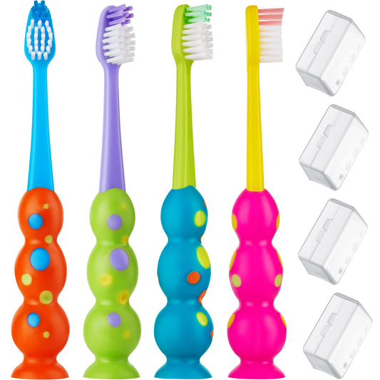 Kids Toothbrush 4 Pack - Soft Bristles with Suction Cup - Toothbrush Kids, Child Sized Brush Heads, 3-10 Year Old Kid Toothbrush with Easy Storage - Toddler, Girl and Boy Set (4-Pack, Multi-Color)