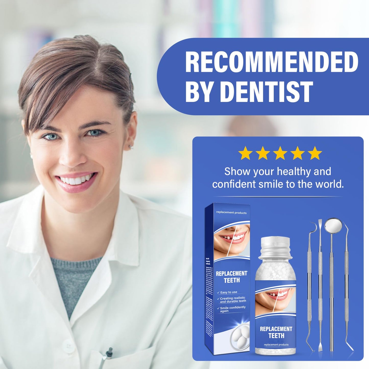 Tooth Repair Kit, Safe and Effective Fake Teeth Replacement, for Fixing Missing & Broken Teeth Replacement, Smile Confidently with 30ml Tooth Beads + 4 Dental Tools