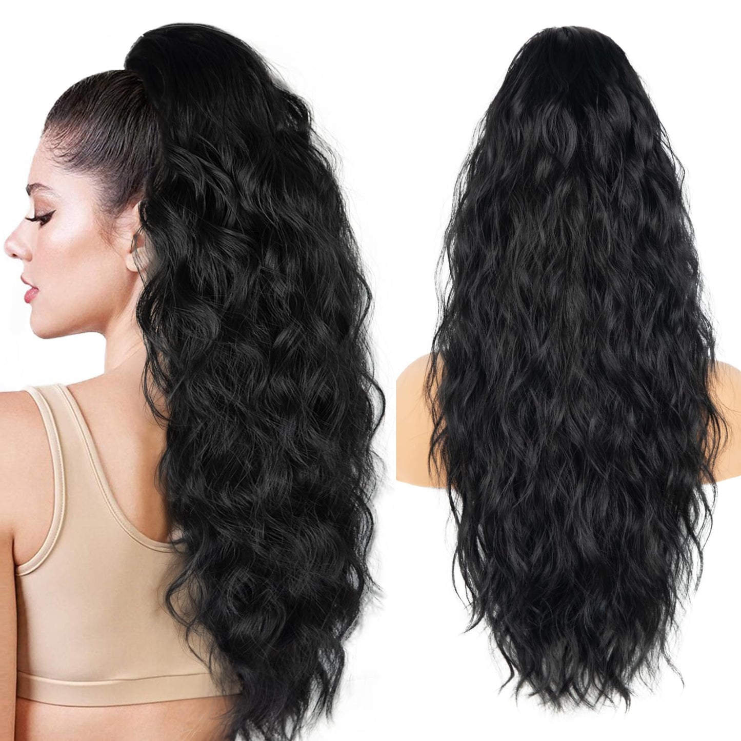 26 inch Black Ponytail Extension, Drawstring Ponytail for Women, Long Wavy Pony Tails Hair Extensions, Synthetic Hair Extensions Ponytail for Daily Use (Color: Black)