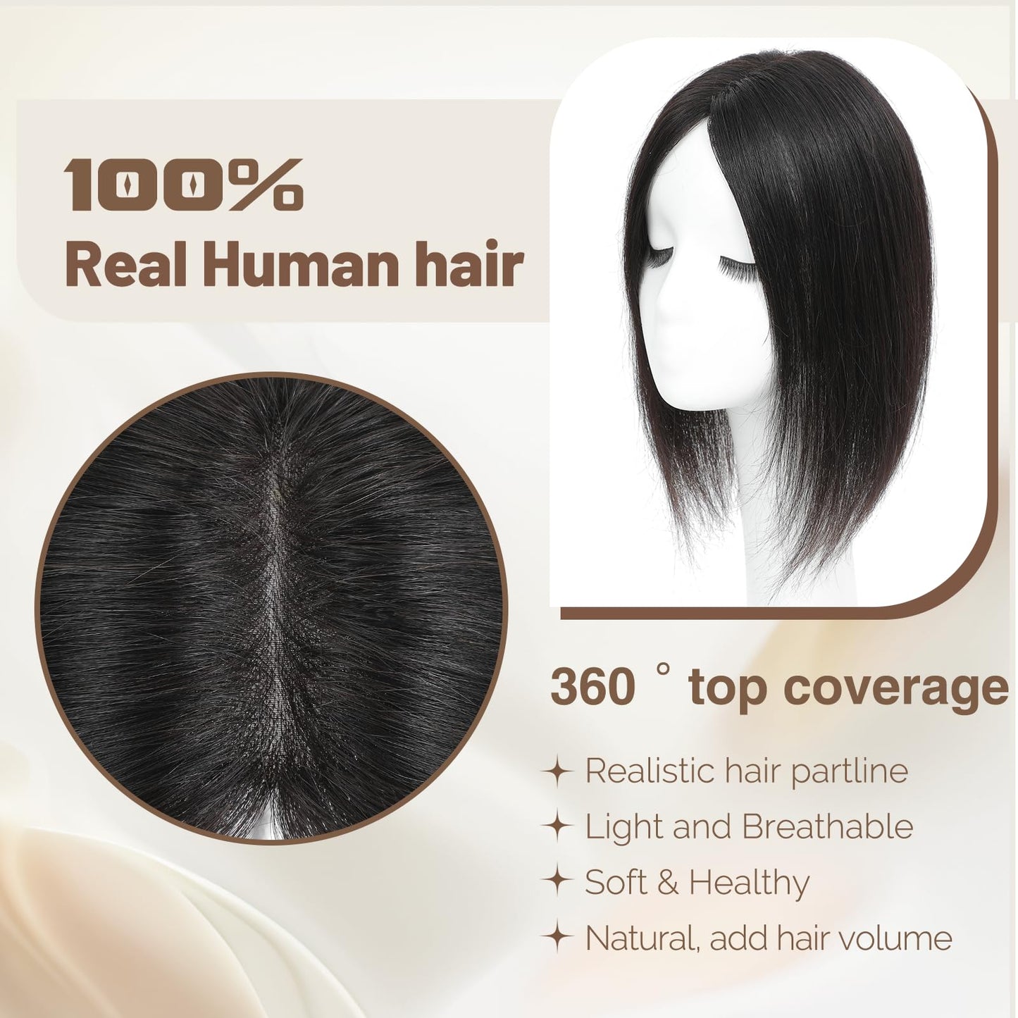 lagomance Hair Toppers for Women Real Human Toppers for Women with Thinning Hair 100% Real Human Hairpieces 12 inch Mono Base Hairpieces for Thinninghair（Natural Black）