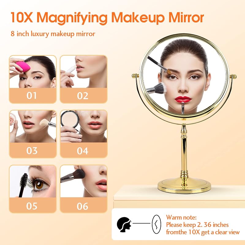 Ohotecy 8" Dual-Sided Tabletop Makeup Mirror with 10x Magnification - Chrome Finish, Variation: Gold