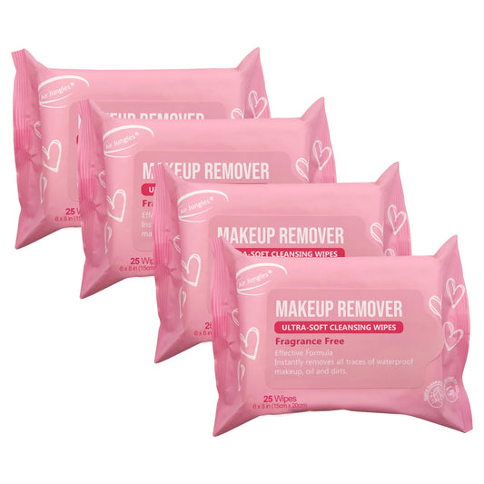 Air Jungles Makeup Remover Wipes 25 Count (Pack of 4), Extra Large 6" x 8", Fragrance-Free, Removes Makeup and Oil, Soft Cleansing Wipes, Alcohol Free